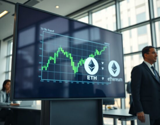 Stock exchange board showing Bitcoin and Ethereum charts with green market data.