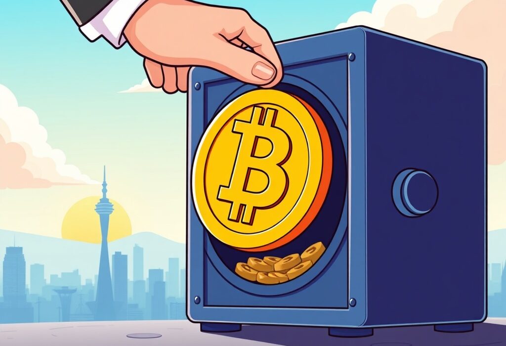 A cartoon illustration depicting increased Bitcoin holdings by a South Korean firm, symbolizing strategic crypto investments.