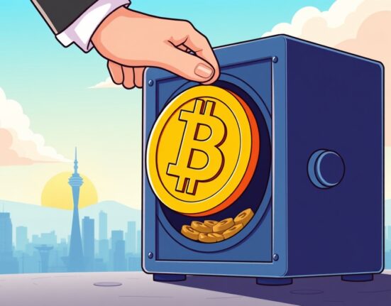 A cartoon illustration depicting increased Bitcoin holdings by a South Korean firm, symbolizing strategic crypto investments.