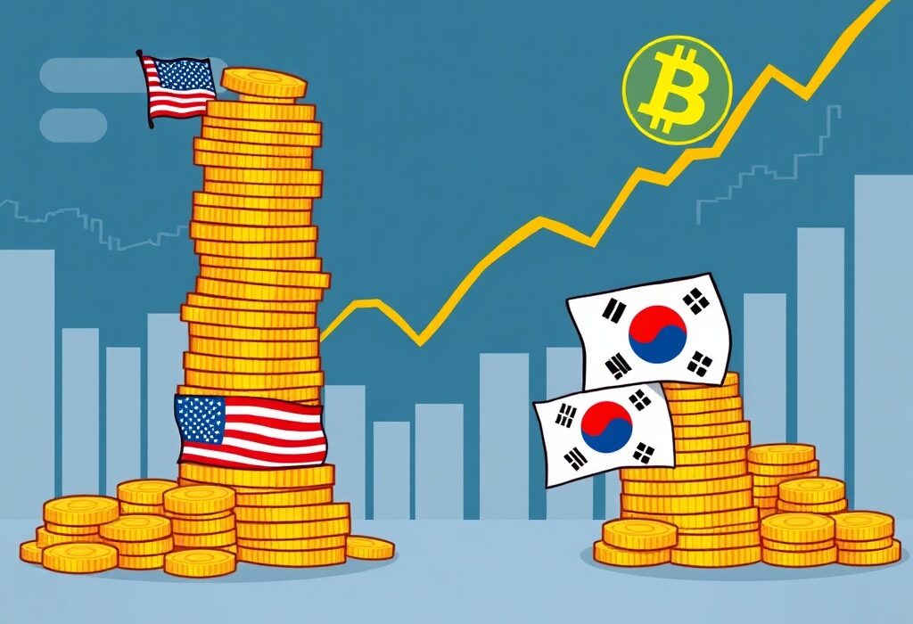 A cartoon illustration showing a vast difference in Bitcoin holdings, with a large pile for the US and a small one for South Korea, highlighting the Bitcoin holdings disparity.