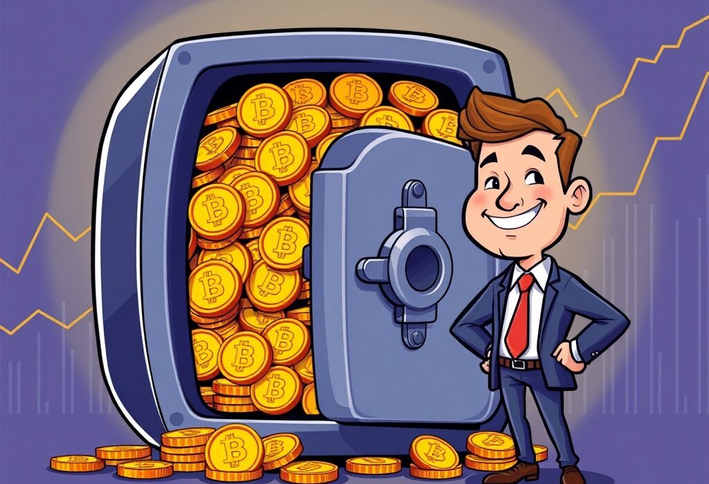 A cartoon illustration showing massive Bitcoin holdings, representing Empery Digital's successful cryptocurrency strategy and significant BTC investment.