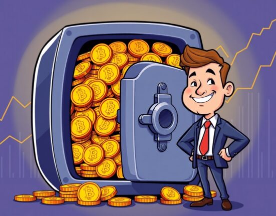 A cartoon illustration showing massive Bitcoin holdings, representing Empery Digital's successful cryptocurrency strategy and significant BTC investment.
