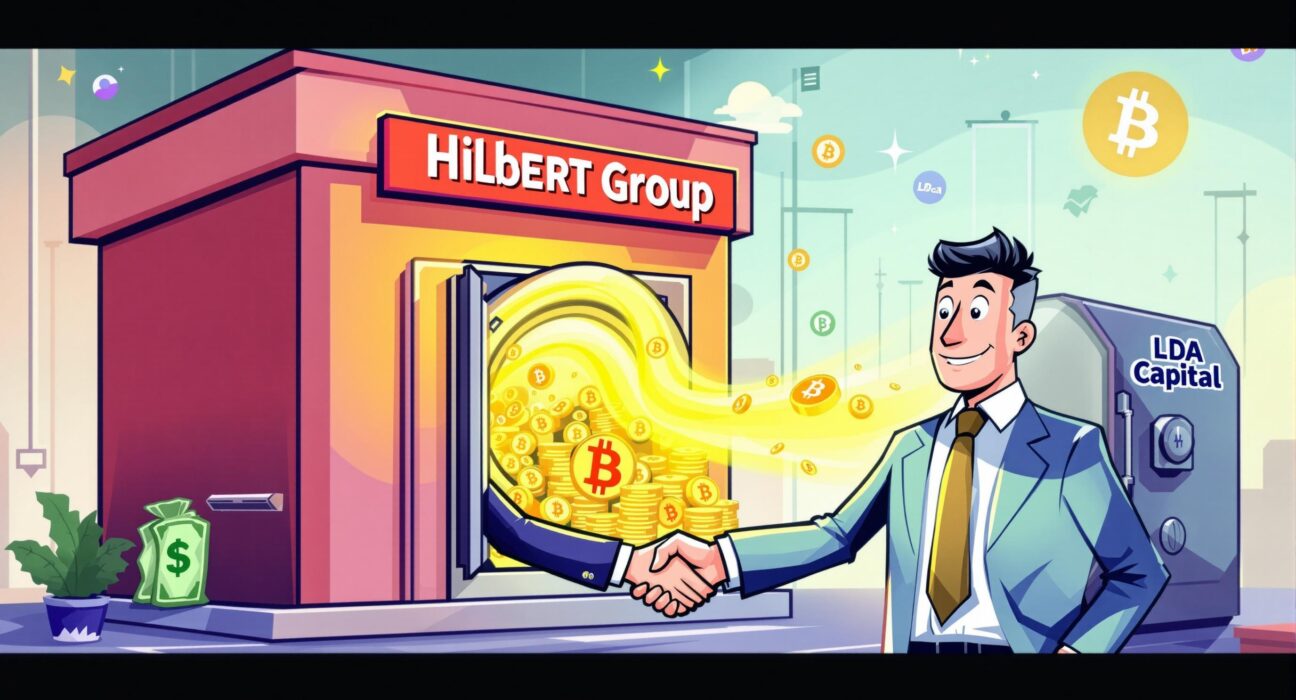 A cartoon illustration showing Hilbert Group boosting Bitcoin holdings with a new investment deal.