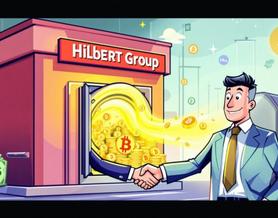 A cartoon illustration showing Hilbert Group boosting Bitcoin holdings with a new investment deal.