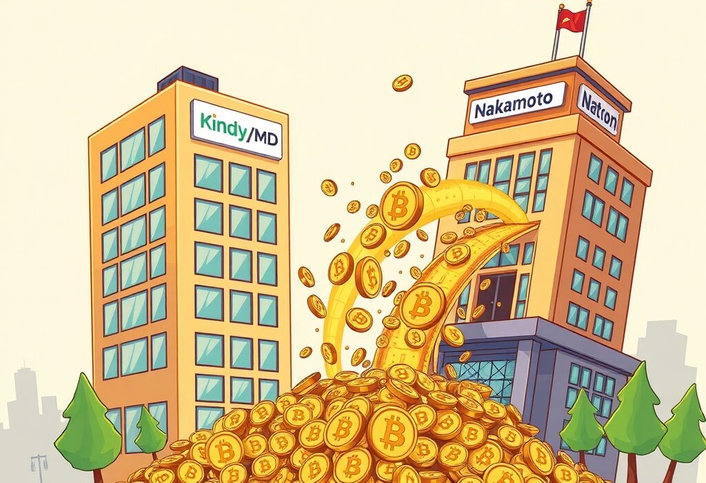 A cartoon illustration depicting the synergistic merger of KindlyMD and Nakamoto, symbolizing significant Bitcoin holdings and strategic crypto investment.