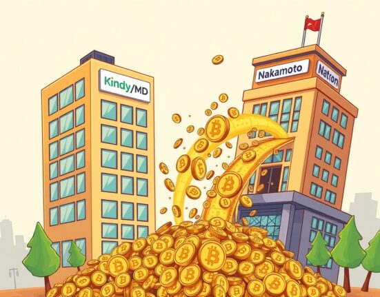 A cartoon illustration depicting the synergistic merger of KindlyMD and Nakamoto, symbolizing significant Bitcoin holdings and strategic crypto investment.