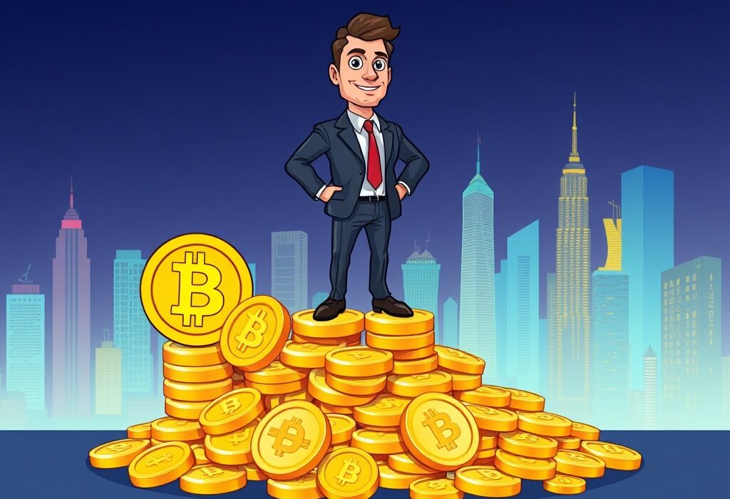 A cartoon illustration depicting LM Funding's impressive Bitcoin holdings, symbolizing growth and strategic investment in cryptocurrency.