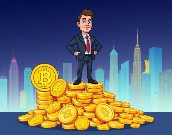 A cartoon illustration depicting LM Funding's impressive Bitcoin holdings, symbolizing growth and strategic investment in cryptocurrency.