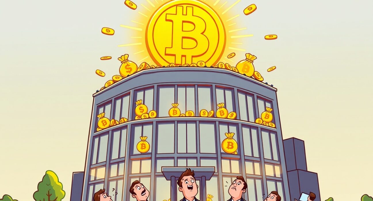 A cartoon illustration showing MicroStrategy's significant financial success driven by its strategic Bitcoin holdings.