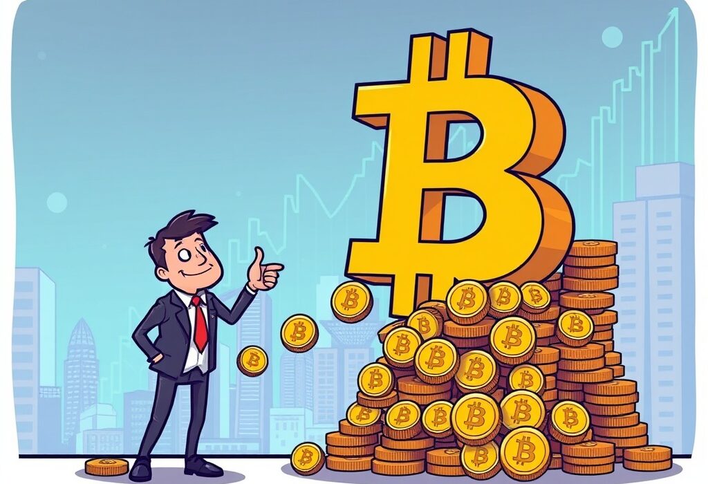 A cartoon illustration depicting the significant growth of Bitcoin holdings, symbolizing Strategy's successful accumulation of digital assets.