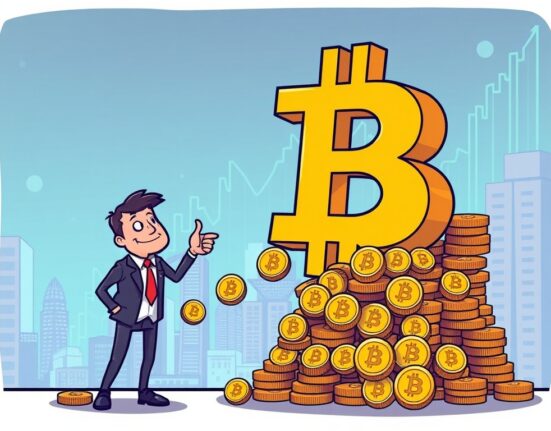 A cartoon illustration depicting the significant growth of Bitcoin holdings, symbolizing Strategy's successful accumulation of digital assets.