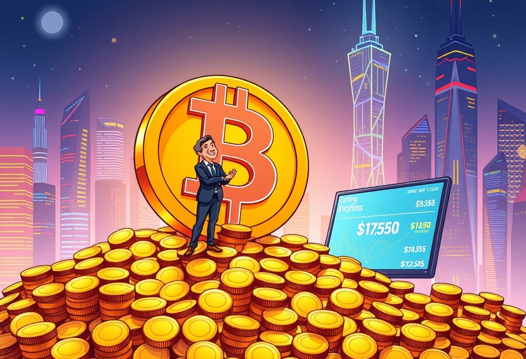 A cartoon illustration showing the immense unrealized profits from Strategy's Bitcoin holdings, highlighting their successful investment strategy.