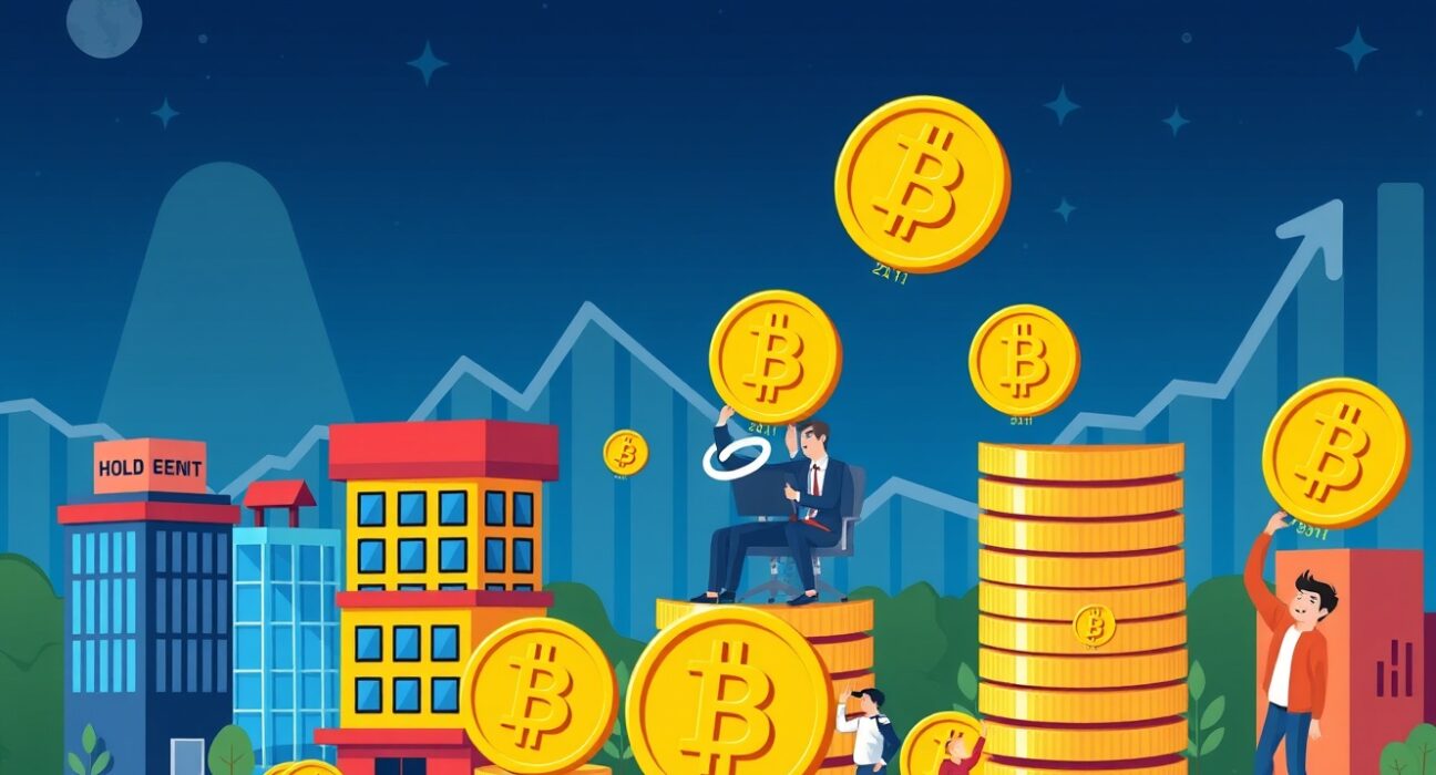 Cartoon illustration of new companies increasing their Bitcoin holdings, signifying growing institutional adoption and market confidence.