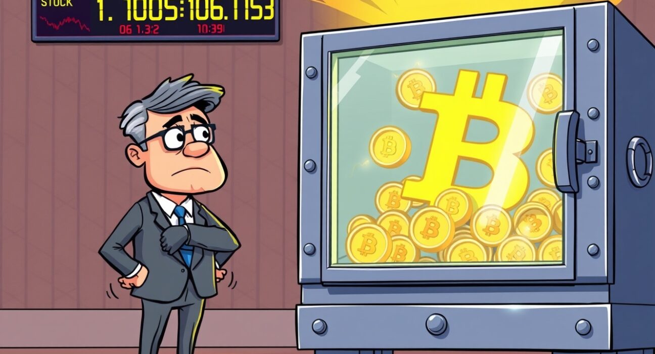 A cartoon executive perplexed by falling stock prices while their company's Bitcoin holdings remain valuable, illustrating the paradox of underperforming firms.