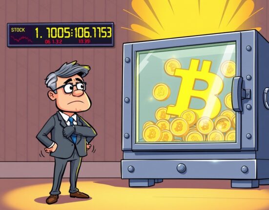 A cartoon executive perplexed by falling stock prices while their company's Bitcoin holdings remain valuable, illustrating the paradox of underperforming firms.