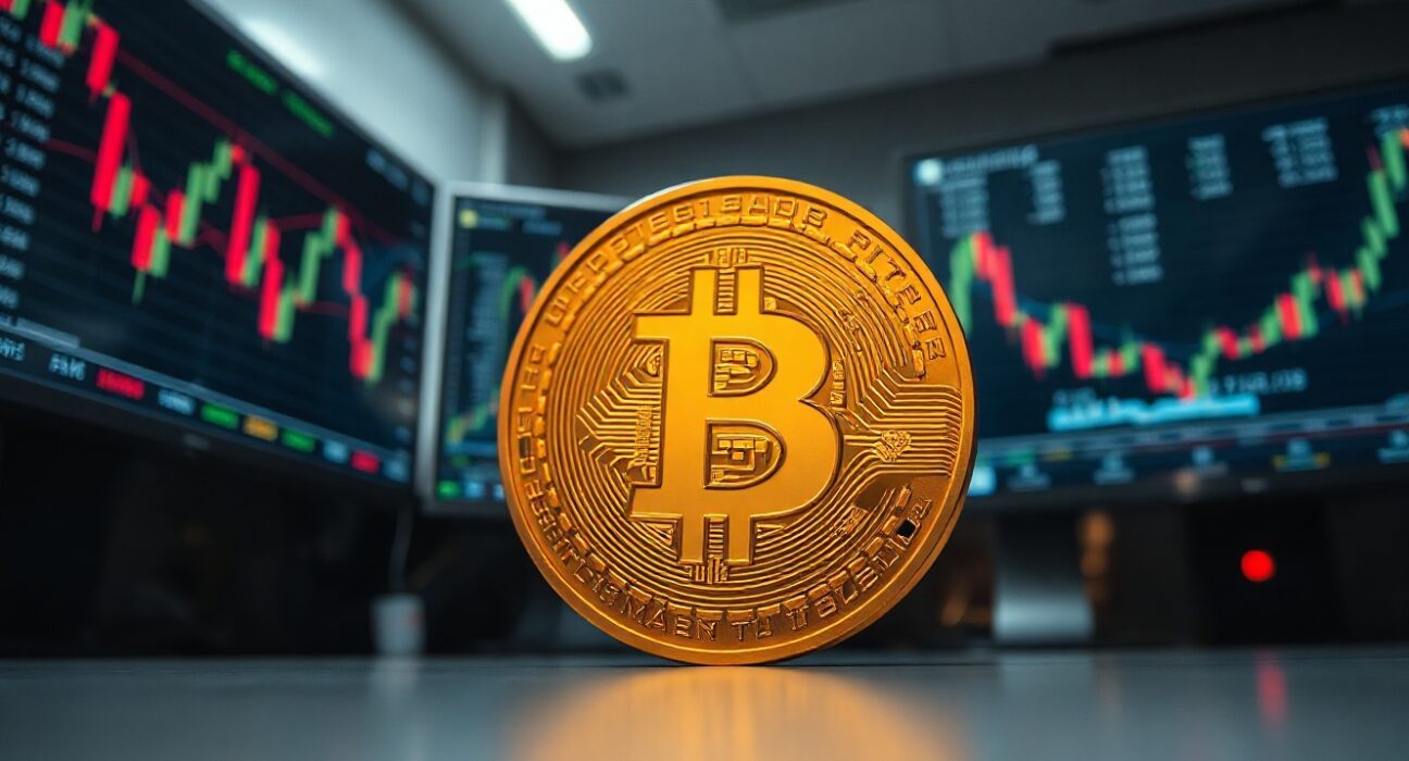 Bitcoin coin in focus with blurred trading charts in background