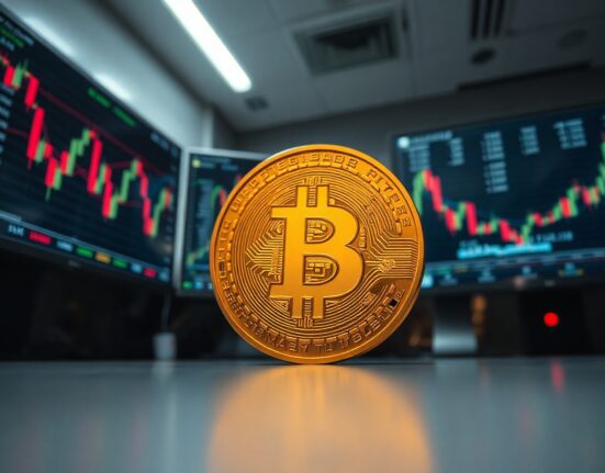 Bitcoin coin in focus with blurred trading charts in background