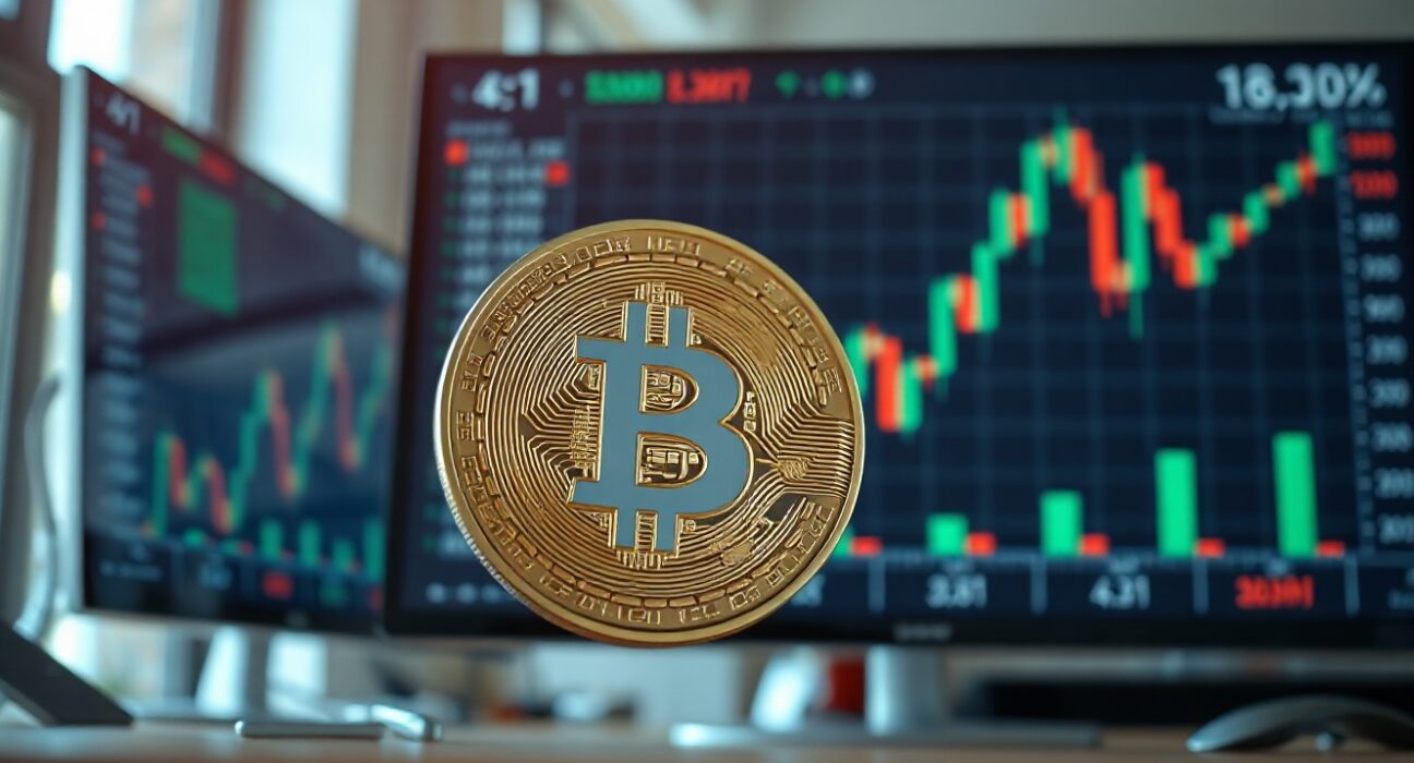 Bitcoin coin in foreground with blurred stock charts in background, representing crypto market analysis.