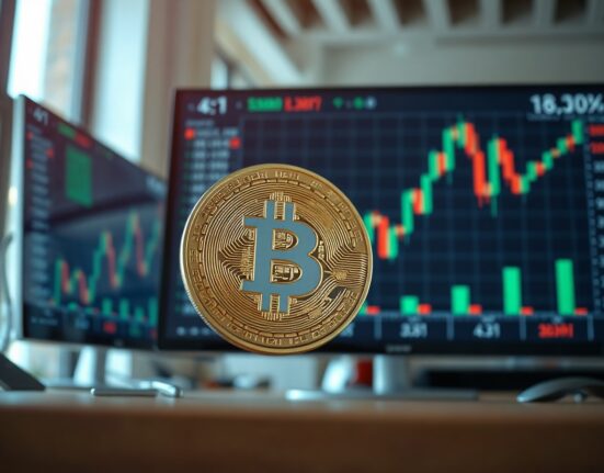 Bitcoin coin in foreground with blurred stock charts in background, representing crypto market analysis.