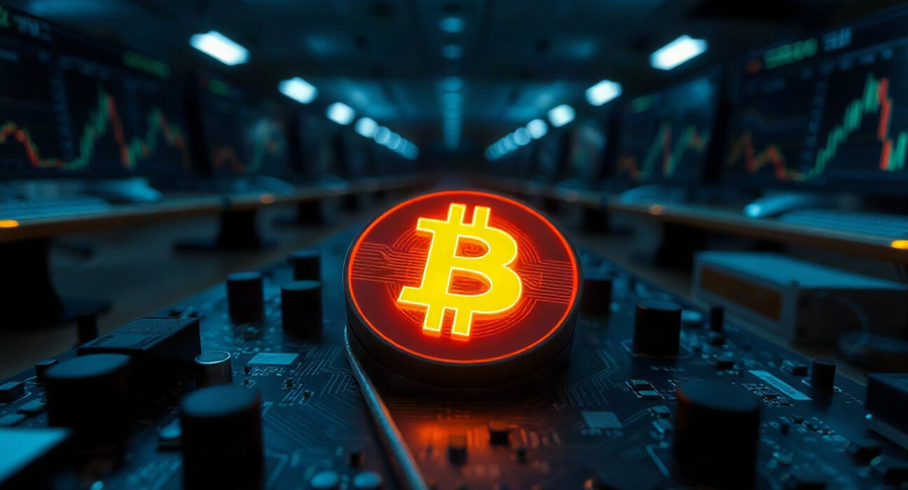 Bitcoin symbol on a circuit board with monitors in the background, representing crypto and chip market volatility