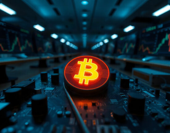 Bitcoin symbol on a circuit board with monitors in the background, representing crypto and chip market volatility