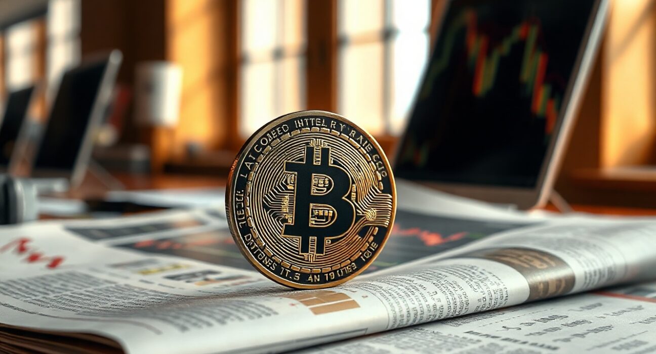 Bitcoin coin on financial newspaper with stock chart in background