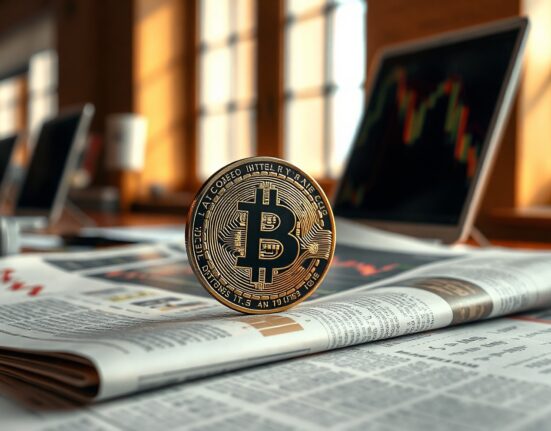 Bitcoin coin on financial newspaper with stock chart in background