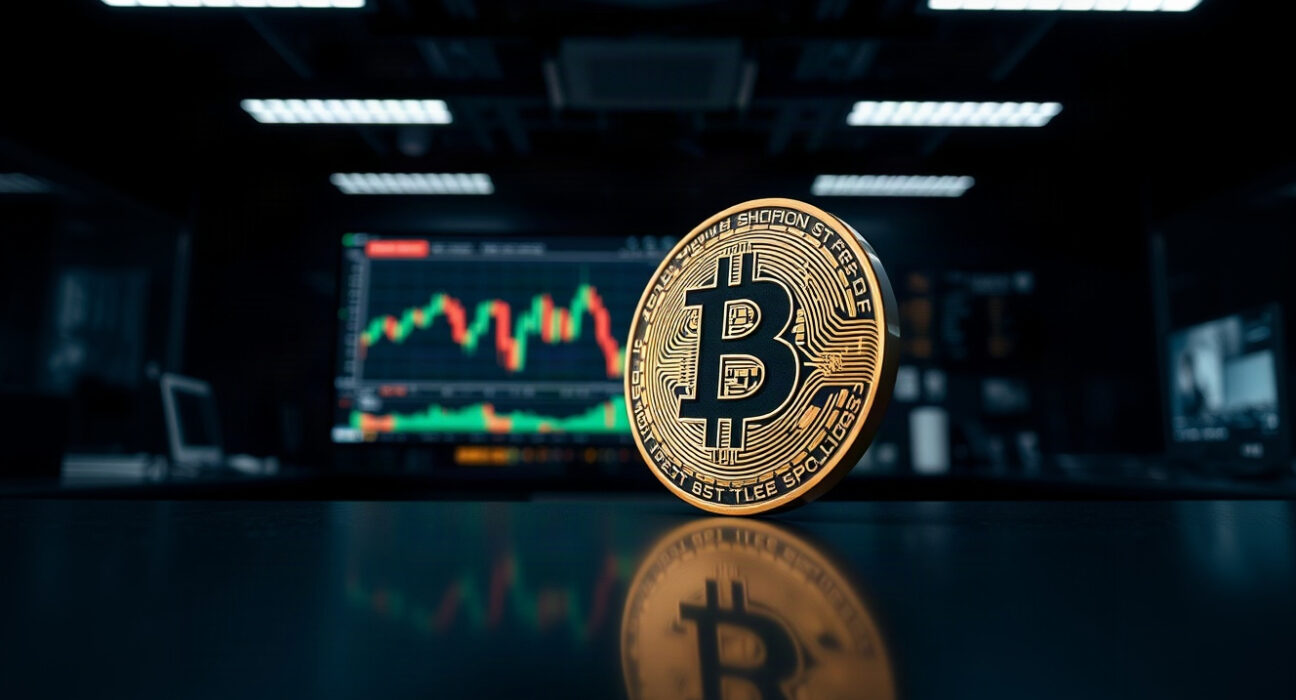 Bitcoin coin in focus with a market chart in the background, symbolizing price stability amid inflation data.
