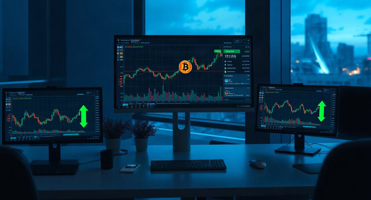 Bitcoin price chart showing stability at $78,000 with altcoin gains on trading monitors