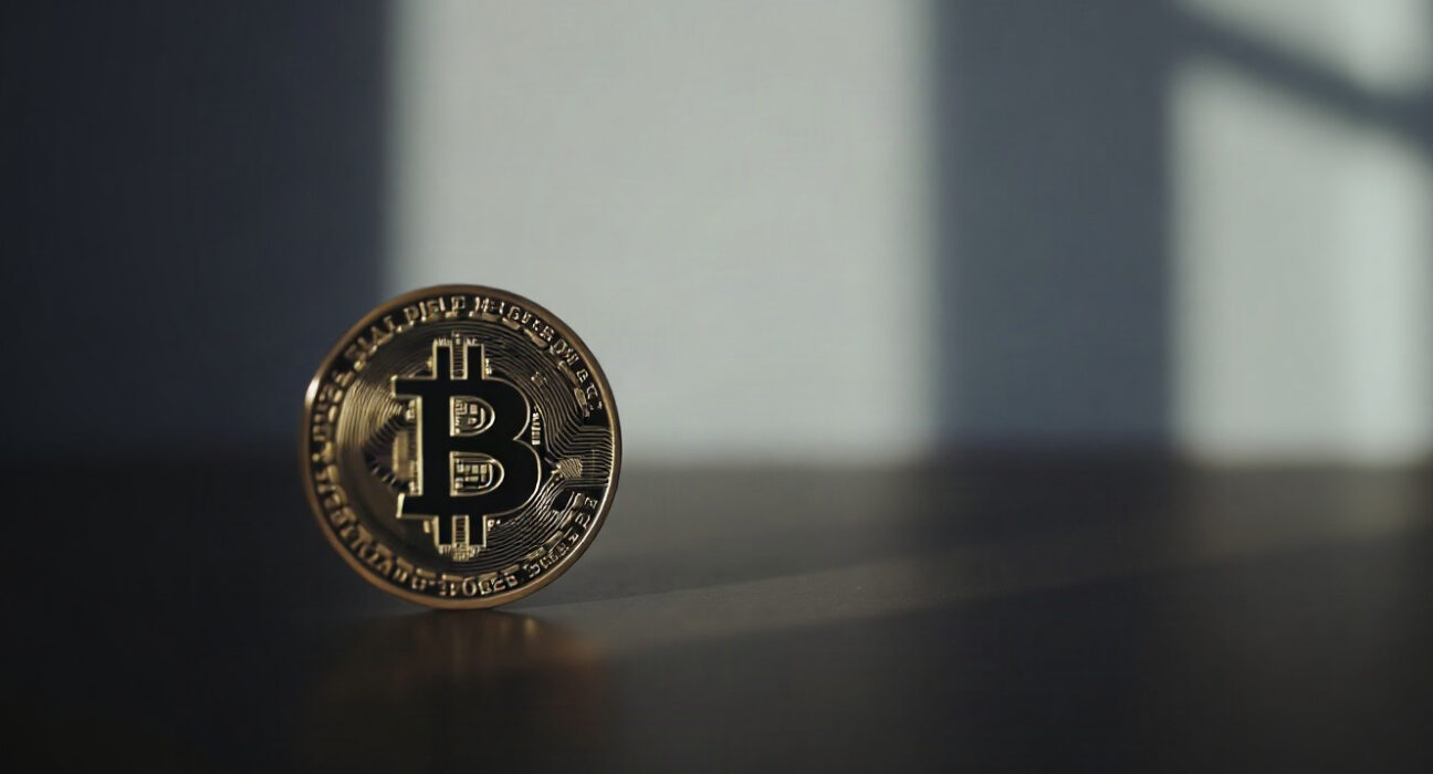 Bitcoin coin with a subtle upward price chart in the background, symbolizing improving market momentum.