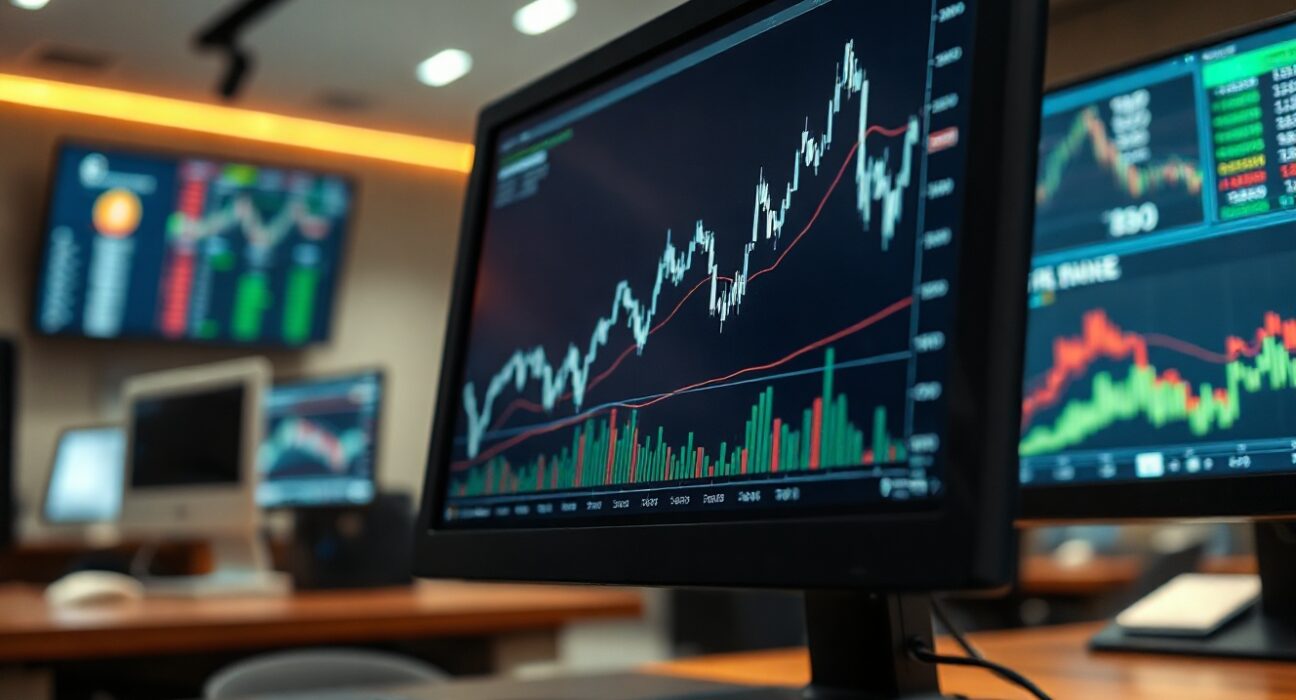 Bitcoin price chart on a computer monitor in a trading office