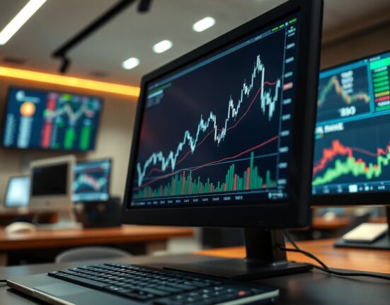 Bitcoin price chart on a computer monitor in a trading office