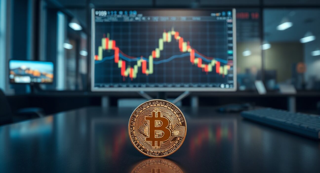 Bitcoin coin on a desk with a trading chart in the background, symbolizing market stability amid volatility