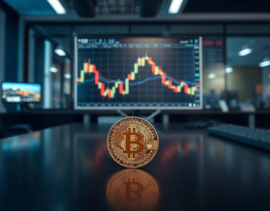 Bitcoin coin on a desk with a trading chart in the background, symbolizing market stability amid volatility