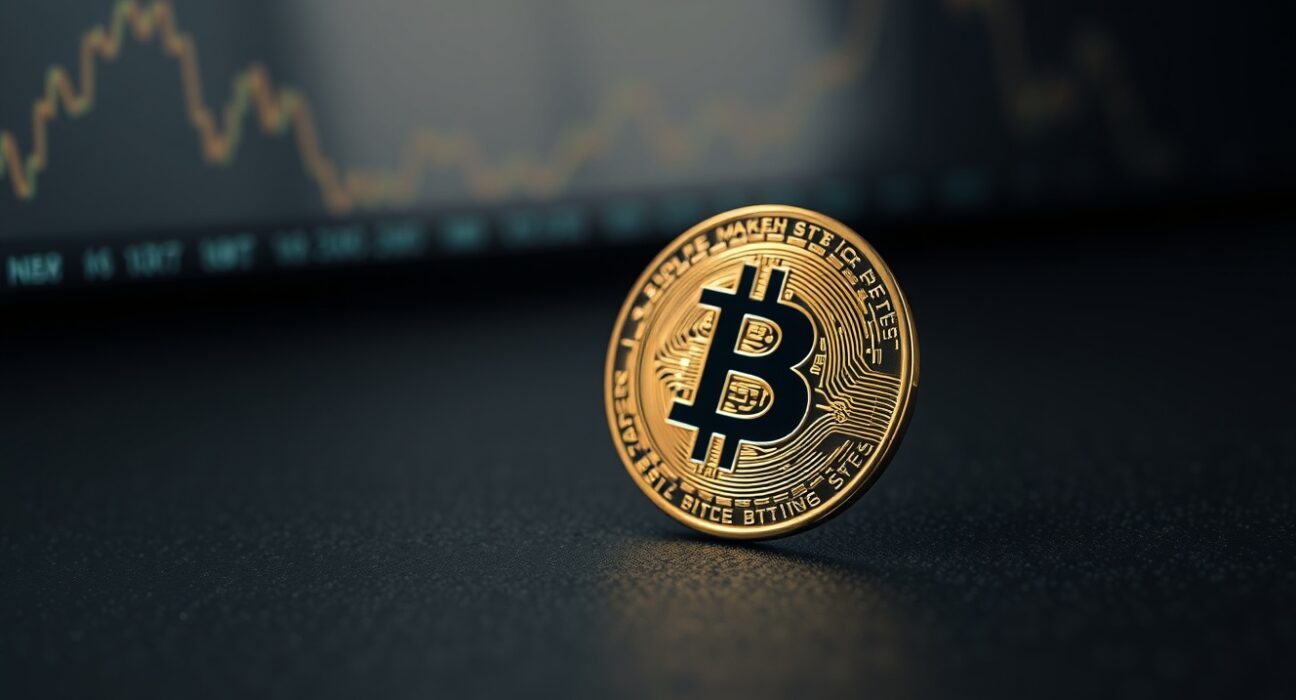 Bitcoin coin on a dark surface with a subtle chart in the background, symbolizing market analysis.