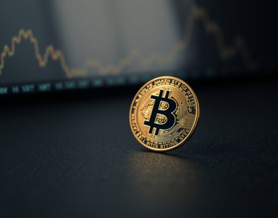 Bitcoin coin on a dark surface with a subtle chart in the background, symbolizing market analysis.