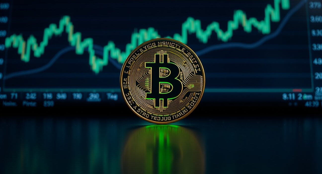Bitcoin coin on a reflective surface with a subtle green glow and a blurred trading chart in the background.