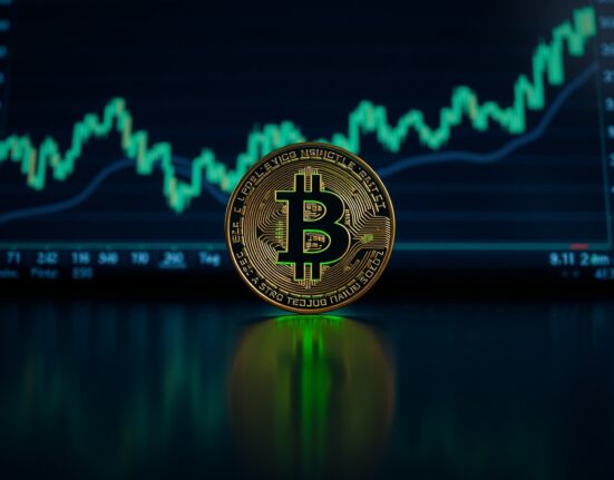 Bitcoin coin on a reflective surface with a subtle green glow and a blurred trading chart in the background.