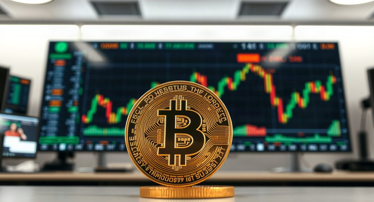Bitcoin coin in foreground with financial chart in background, representing market analysis