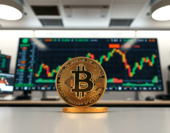 Bitcoin coin in foreground with financial chart in background, representing market analysis