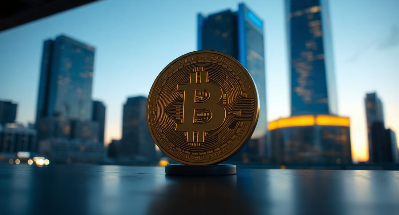 Bitcoin coin in foreground with blurred city skyline, symbolizing market stability and cautious recovery.
