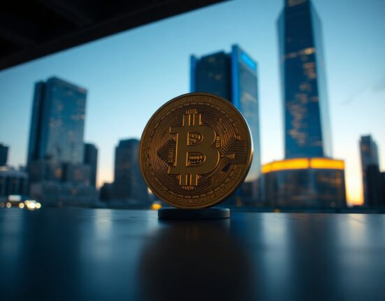 Bitcoin coin in foreground with blurred city skyline, symbolizing market stability and cautious recovery.