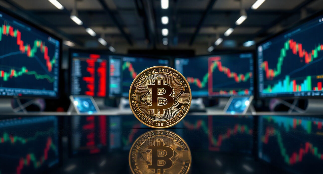 Bitcoin coin on trading desk with charts in background