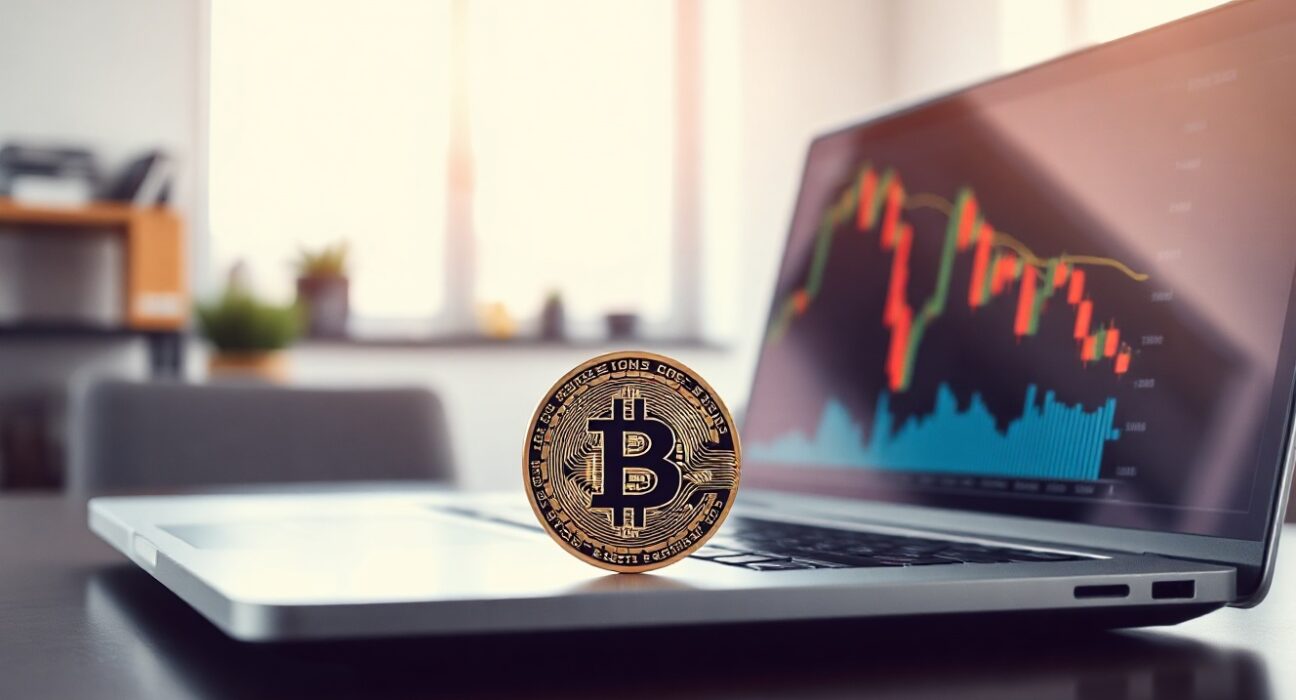 Bitcoin coin on desk near laptop with financial charts, representing market analysis