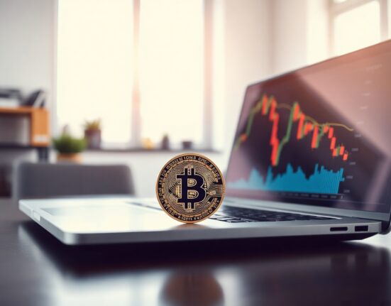 Bitcoin coin on desk near laptop with financial charts, representing market analysis