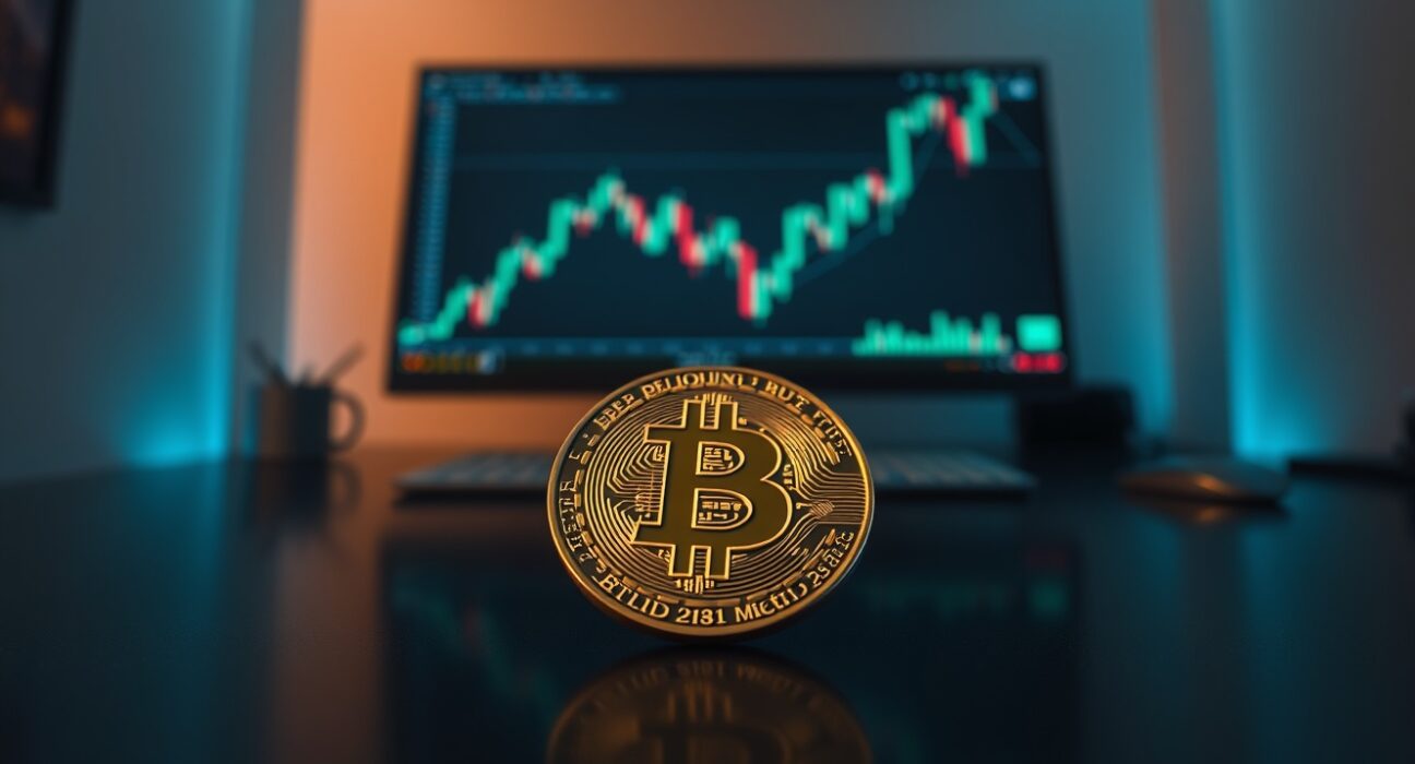 Bitcoin coin on a reflective surface with a blurred financial chart in the background, representing low implied volatility.