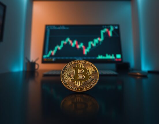 Bitcoin coin on a reflective surface with a blurred financial chart in the background, representing low implied volatility.
