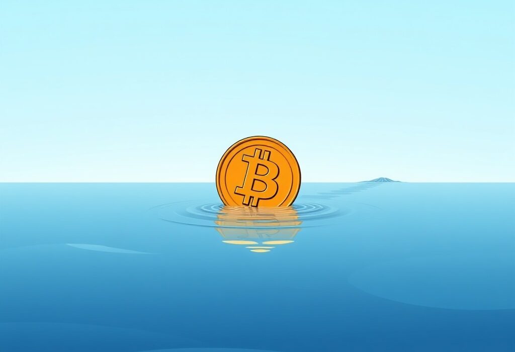A calm Bitcoin symbol on still water, representing low Bitcoin implied volatility before potential market changes.