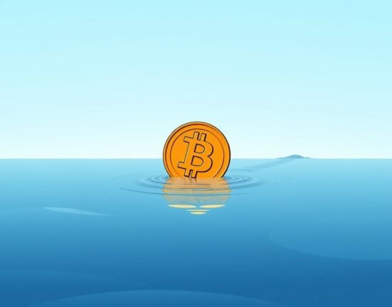 A calm Bitcoin symbol on still water, representing low Bitcoin implied volatility before potential market changes.