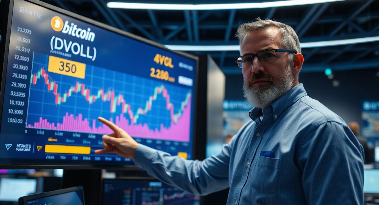 Financial analyst pointing at Bitcoin volatility chart showing low DVOL index